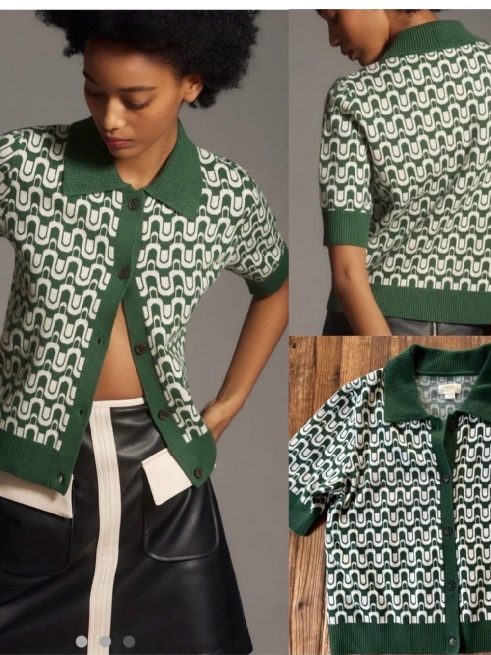 Womans size small Anthropologie Green and Cream Geometric Short-Sleeve sweater